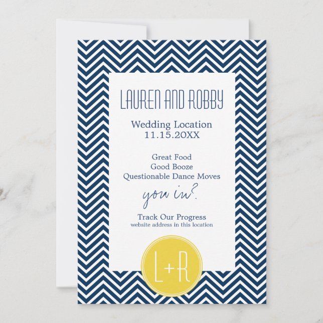 Save the Date Navy Blue and Yellow Chevrons (Front)