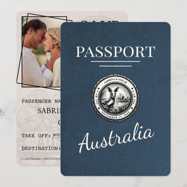 Save The Date Navy Blue Australia Passeport Enregistrer La Date (Devant / Derrière)