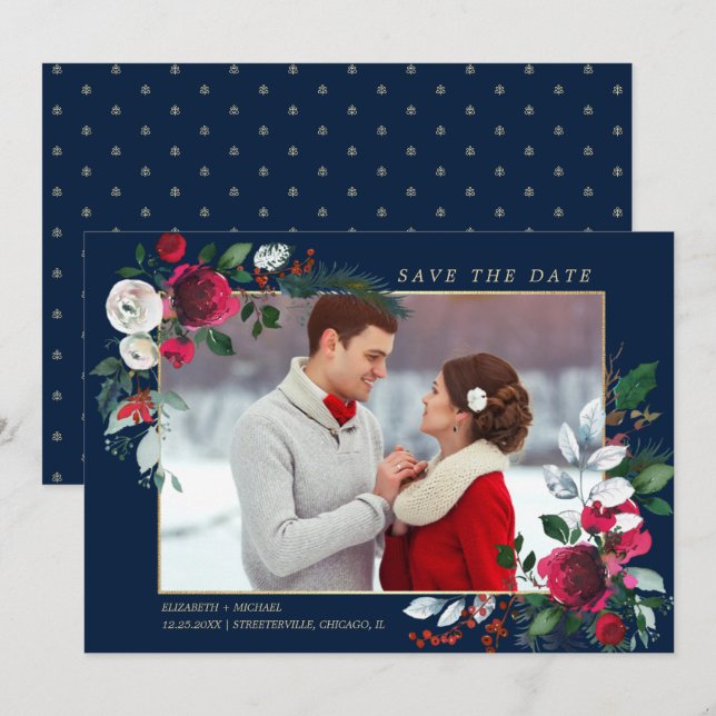 Save the Date. Navy Blue | Burgundy Wedding Photo Invitation (Front/Back)