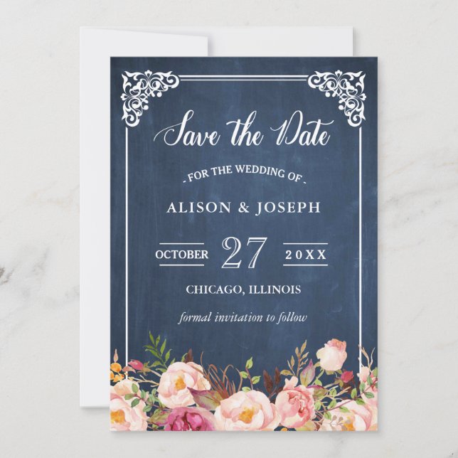 Save The Date Navy Blue Chalkboard rose floral Enregistrer la da (Devant)