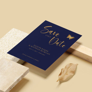 Save The Date Navy Blue & Gold Script : Parties scintillant    B