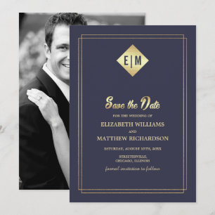 Save the Date. Navy Blue Gold Wedding Photo Card