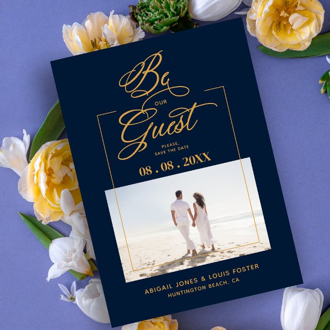 Save The Date Navy Blue & Golden Sophisticated Minimalist Photo  (Navy Blue & Golden Sophisticated Minimalist Photo Elegant Script Save the Date Card with Envelope.)