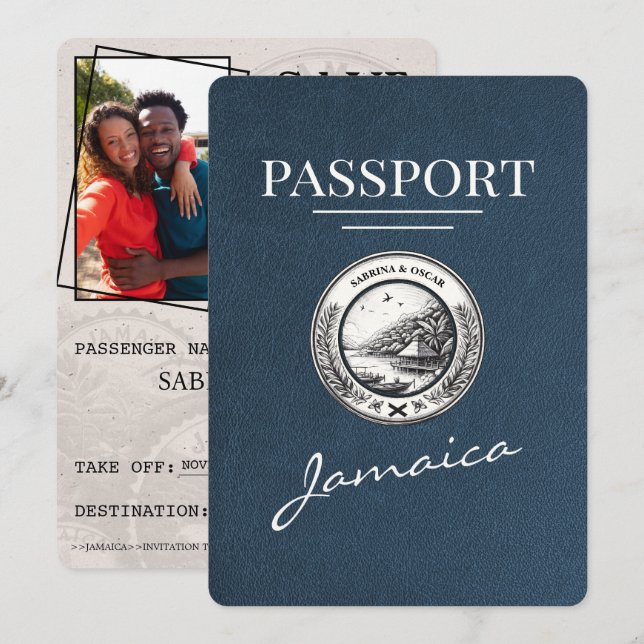 Save The Date Navy Blue Jamaica Passeport Enregistrer La Date (Devant / Derrière)