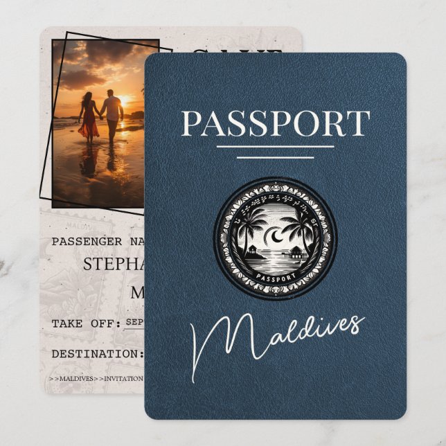 Save The Date Navy Blue Maldives Passeport Enregistrer La Date (Devant / Derrière)