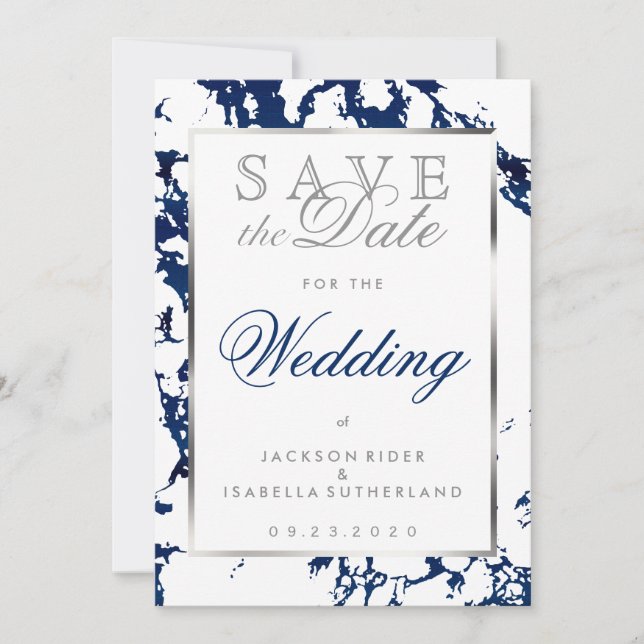 Save the Date Navy Blue Marble, Silver & White (Front)