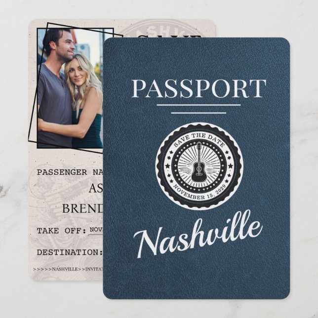 Save The Date Navy Blue Nashville Passport Enregistrer La Date (Devant / Derrière)
