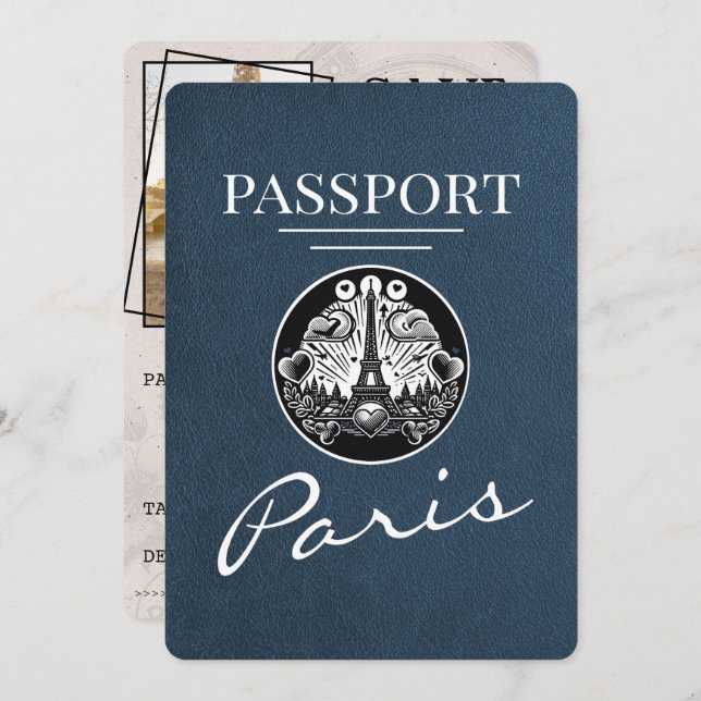 Save The Date Navy Blue Paris Passport Enregistrer La Date (Devant / Derrière)
