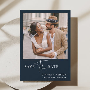 Save The Date Navy Blue Simple Modern Script Mariage photo