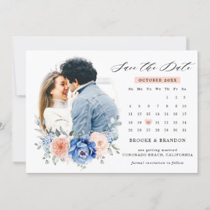 Save The Date Navy Blue Slate Dusty Blush Floral Mariage Photo 