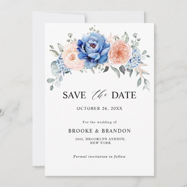 Save The Date Navy Blue Slate Dusty Blush Rose Florale Mariage  (Devant)