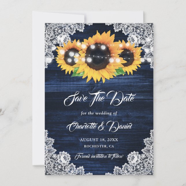 Save The Date Navy Blue Sunflower String Lights Floral Lace Wood (Devant)