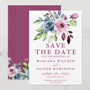 Save the Date Navy Blue Wine Watercolor Floral Invitation