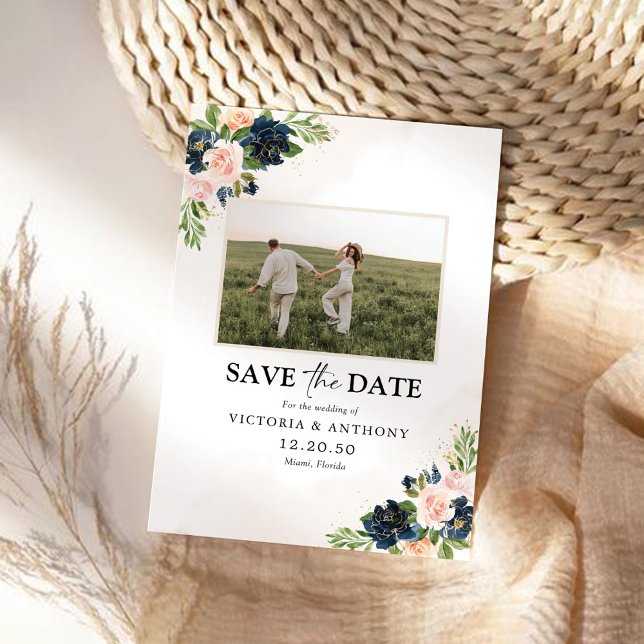 Save The Date Navy & Blush Pink Floral Sauvez la date avec la ph (Créateur téléchargé)