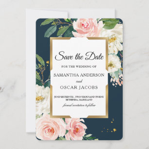 Save The Date Navy élégant et floral rose pâle