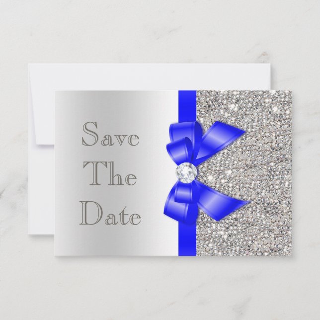 Save The Date Navy Faux Nœud Papillon Sequins Argent Faire Part  (Devant)