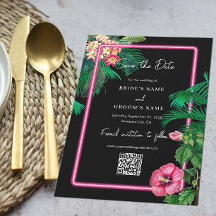 Save The Date Neon Pink Tropical Retro Botanical Mariage