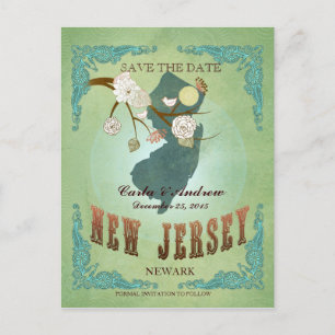 Save The Date - New Jersey Map With Lovely Birds Announcement Postcard