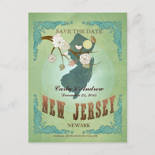 Save The Date - New Jersey Map With Lovely Birds Announcement Postcard (Front)