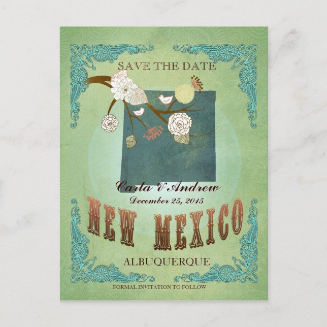 Save The Date - New Mexico Map With Lovely Birds Announcement Postcard (Front)