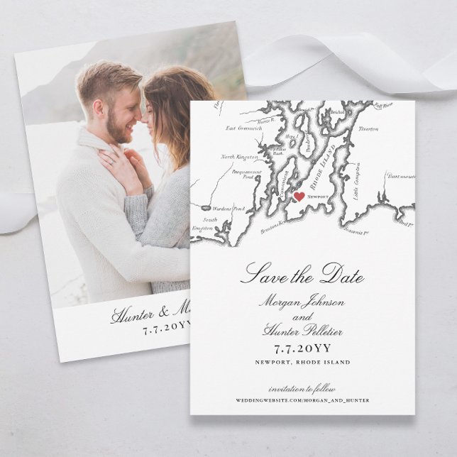 Save The Date Newport Rhode Island Élégant Mariage noir blanc (Newport RI Map Save the Date for an Elegant Black and White Wedding with Photo Back from Coastal Map)