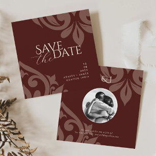 Save The Date Noces de photo élégant classique damas rouge acajo
