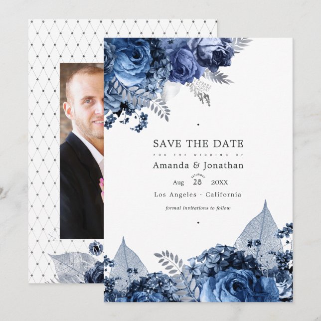 Save The Date Noces Navy et Blanc avec Feuille d'Argent (Devant / Derrière)