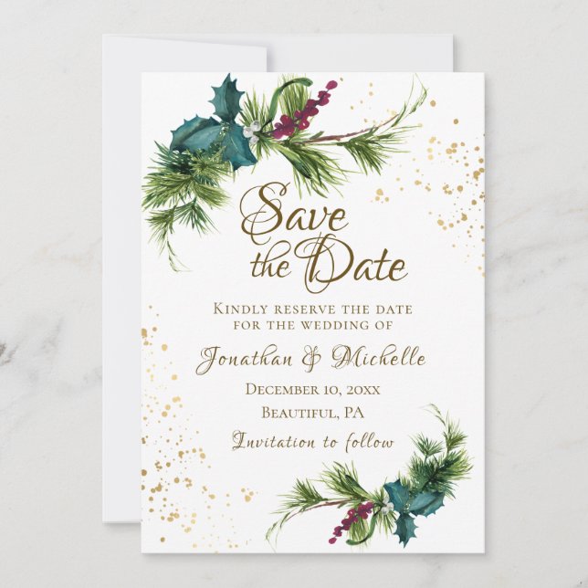 Save The Date Noël À feuillage persistant Berries rouges Mariage (Devant)
