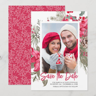 Save The Date Noël Poinsettia Rouge Floral Vignon Pin
