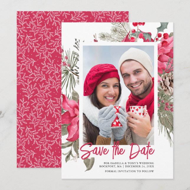 Save The Date Noël Poinsettia Rouge Floral Vignon Pin (Devant / Derrière)