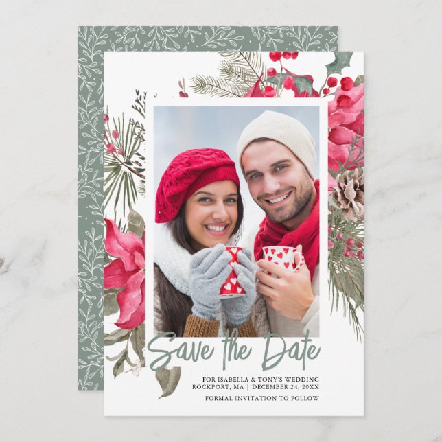 Save The Date Noël Poinsettia Rouge Floral Vignon Pin (Devant / Derrière)