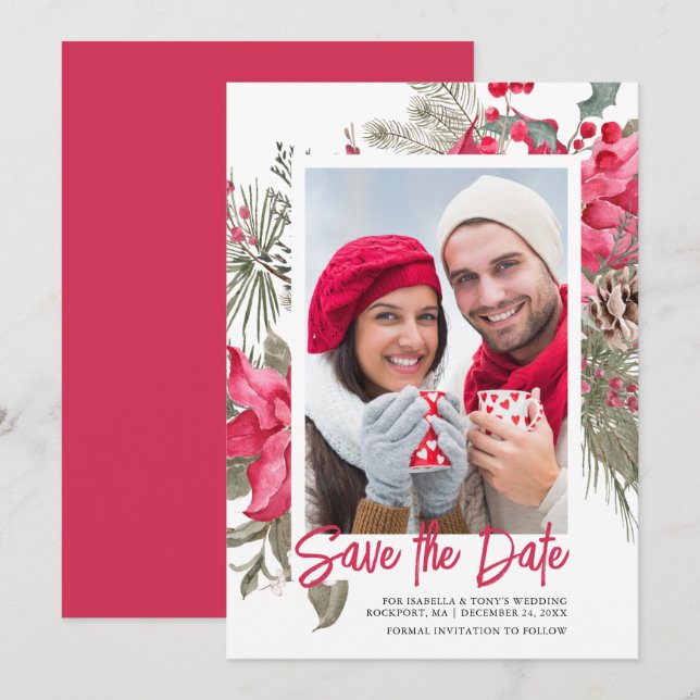Save The Date Noël Poinsettia Rouge Floral Vignon Pin (Devant / Derrière)