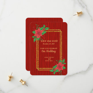 Save The Date Noël Rouge Poinsettia Gold Frame Mariage