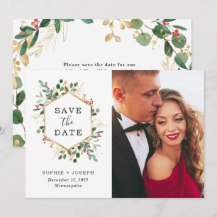 Save The Date Noël Vert doré sur blanc Photo