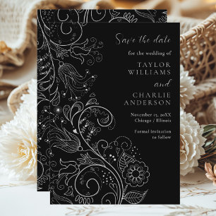 Save The Date Noir Argent Élégant Mariage Floral Enregistrer La 