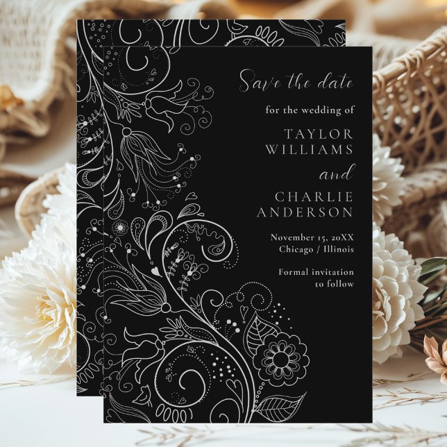 Save The Date Noir Argent Élégant Mariage Floral Enregistrer La  (Créateur téléchargé)
