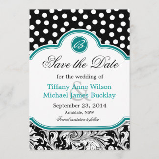 Save The Date Noir blanc damassé bleu turquoise mariage enregist