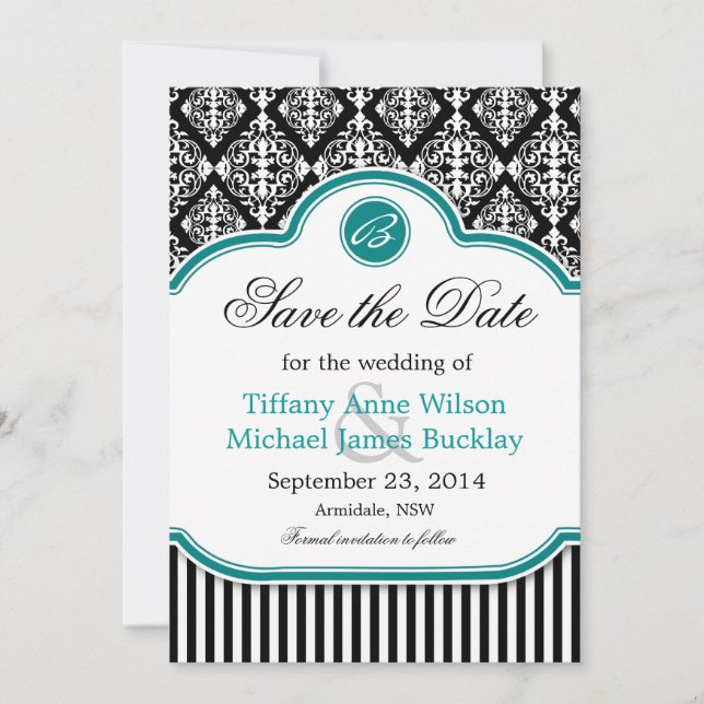 Save The Date Noir blanc damassé bleu turquoise mariage enregist (Devant)