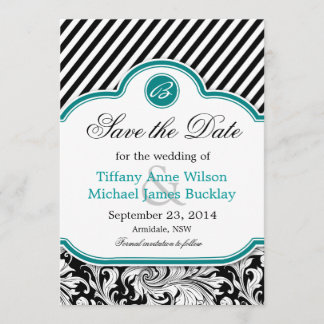 Save The Date Noir blanc damassé bleu turquoise mariage enregist