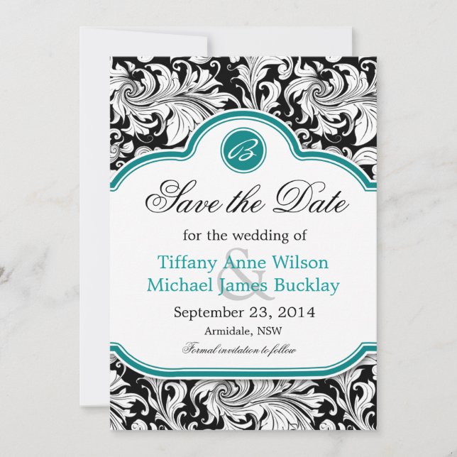 Save The Date Noir blanc damassé bleu turquoise mariage enregist (Devant)