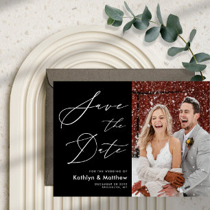 Save The Date Noir Blanc Élégant Script Mariage photo moderne