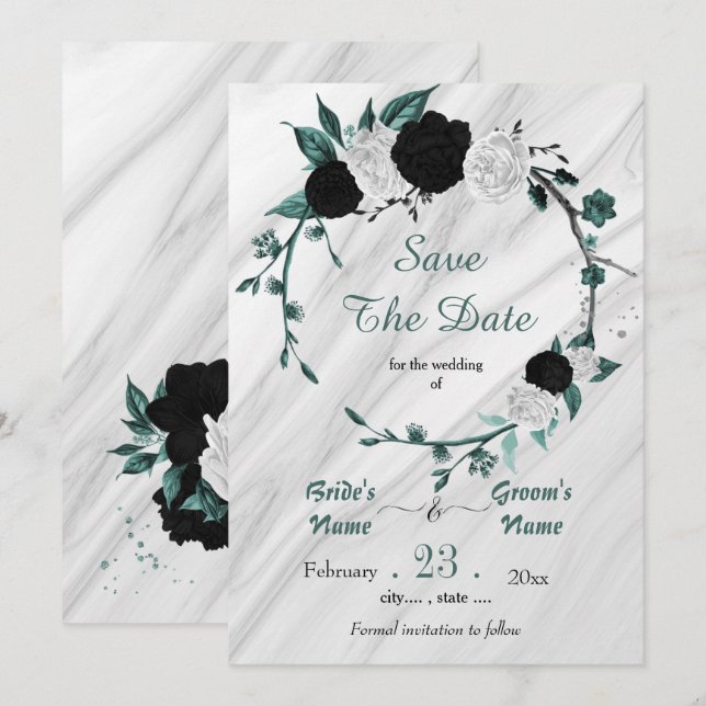 Save The Date noir blanc turquoise argent couronnes marbre (Devant / Derrière)