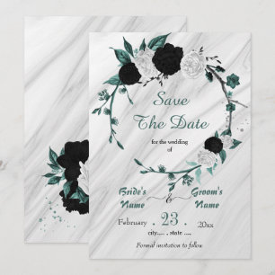 Save The Date noir blanc turquoise argent couronnes marbre