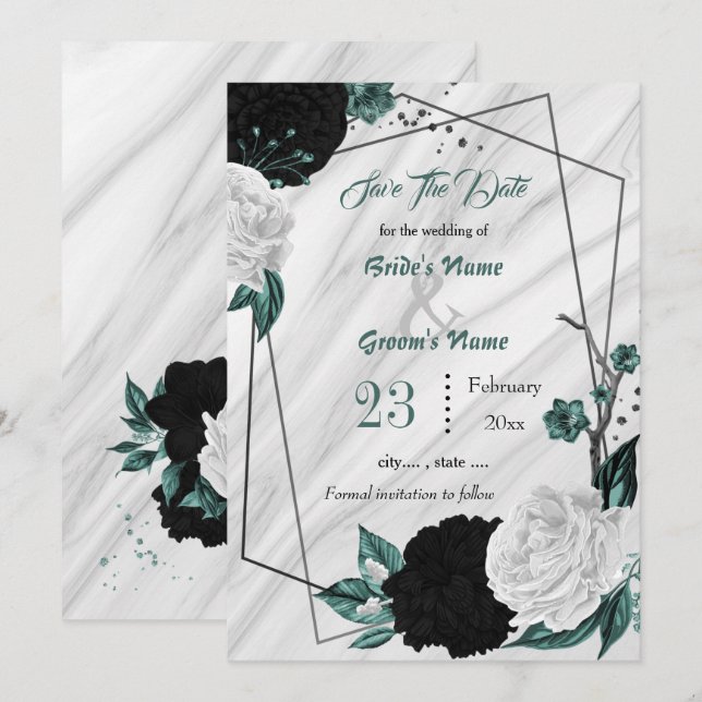 Save The Date noir blanc turquoise floral argent marbre géométri (Devant / Derrière)