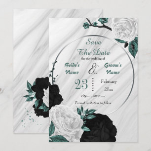 Save The Date noir blanc turquoise floral argent marbre géométri