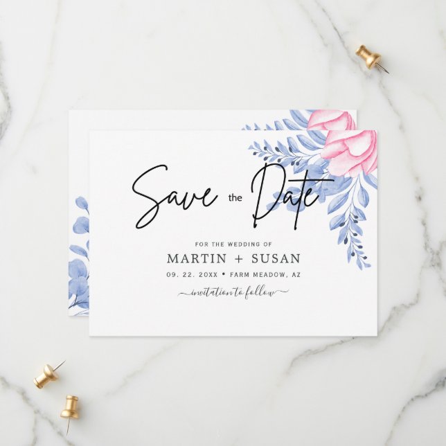 Save The Date Noir & Blush Dusty Blue Mauve Eucalyptus Mariage (Devant/Arrière en situation)