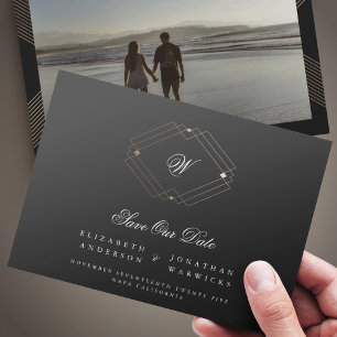 Save The Date noir classique vintage déco or monogramme géométri