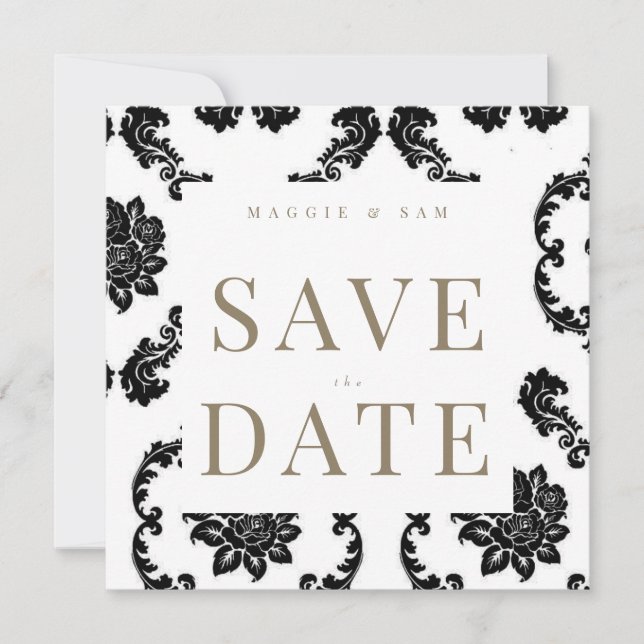 Save The Date Noir Damask Carré Wedding Enregistrer la date (Devant)