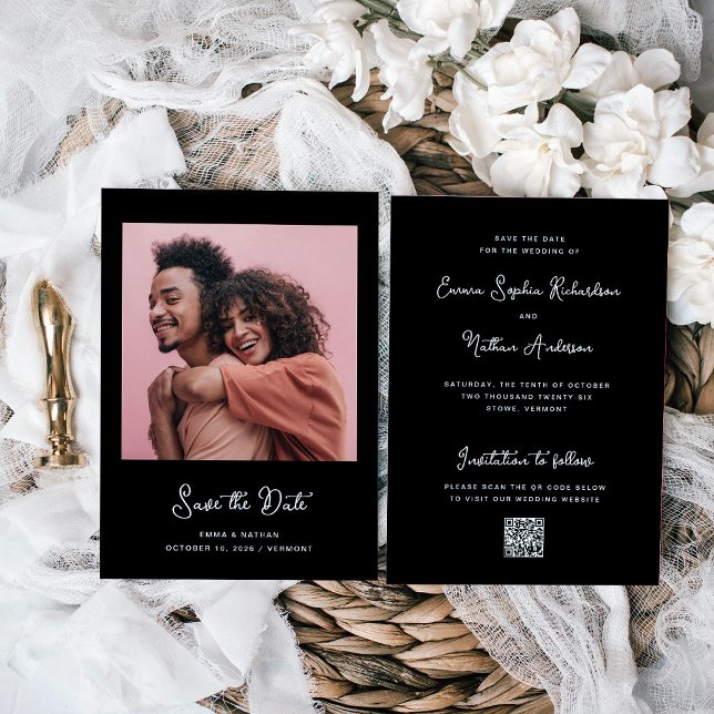 Save The Date Noir doux et blanc | Photo et code QR (A stylish black save the date card with your photo, white vintage script, and a scannable QR code.)