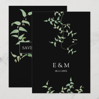 Save The Date Noir élégant | Botanique Vintage Mariage verte
